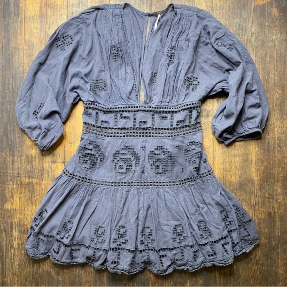 Free People Slate Blue Crochet-Trim Mini Dress - Picture 2 of 6